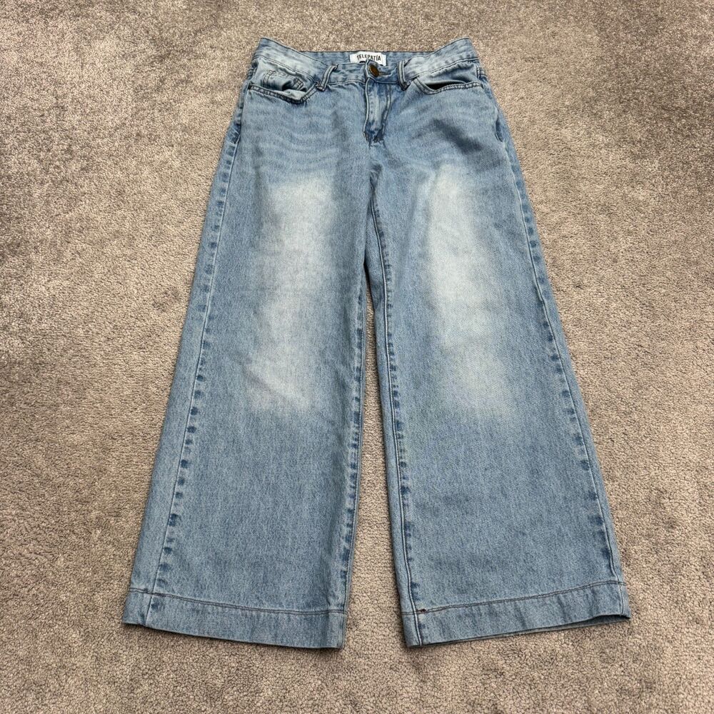Telepatía Wide Leg Denim Jeans Women 3/26 Blue High Rise Bow Embroidered Casual